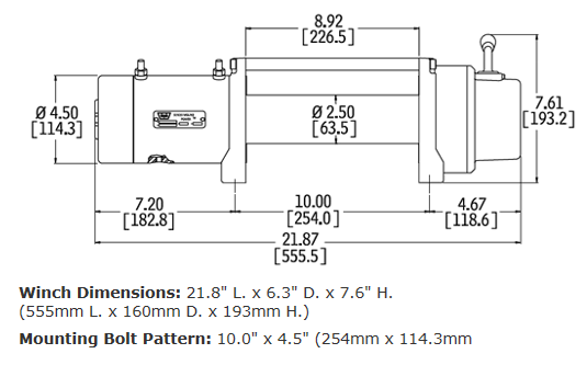 Warn XD9 12V Winch 9000 lb Capacity Wire Rope Drawing